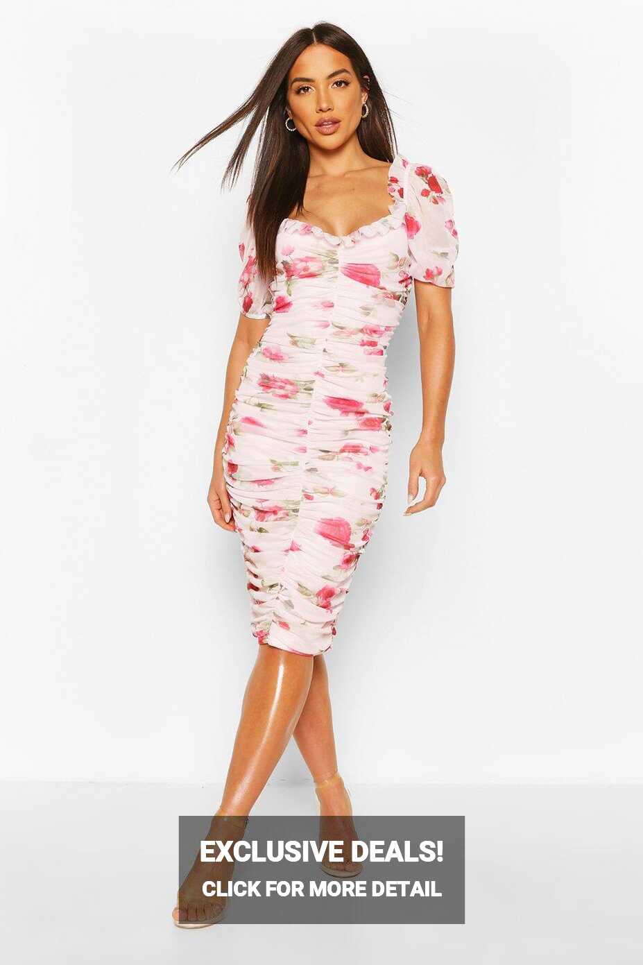 Mesh Floral Long Sleeve Ruched Midi Dress | boohoo NZ