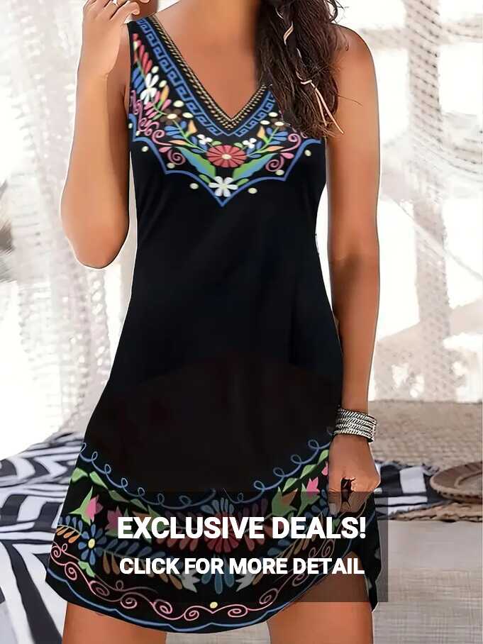 Mexico Style Floral Print Tank Dress Casual V Neck - Temu Canada