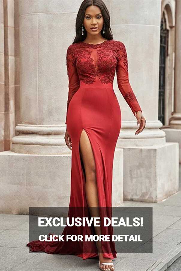 Miabel Red Mermaid Long Sleeves Prom Dress With Slit