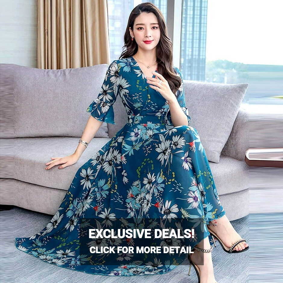 Miayilima Blue L Casual Dresses for Women Floral Sleeve Dress Long ...