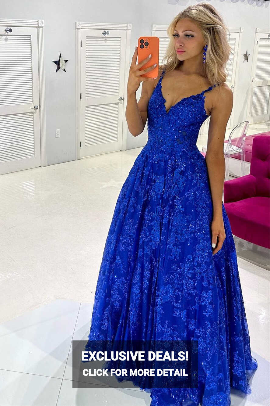 Mikaela | Royal Blue Sequin Lace V-Neck A-Line Long Prom Dress ...