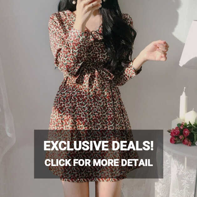 Mini a Line Floral Dress Chiffon Vintage Korean Long Sleeve ...