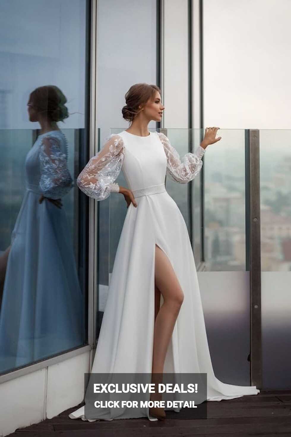 Minimalist Wedding Dress With Long Sleeves, Crepe Wedding Dress A ...