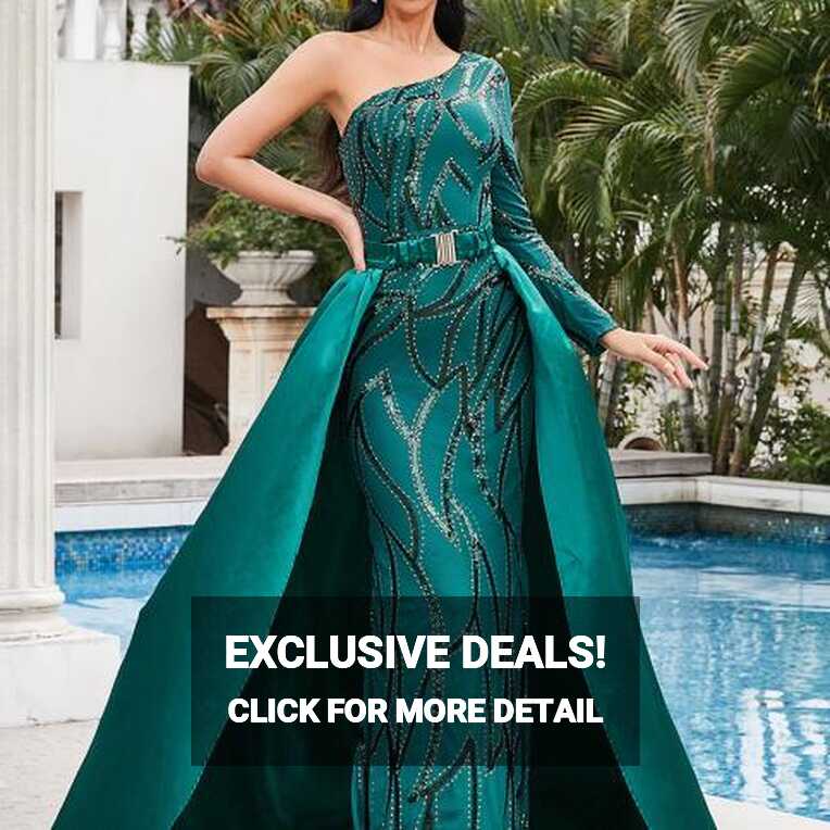 Missord Elegant Green Evening Dress Women One Shoulder Long Sleeve ...