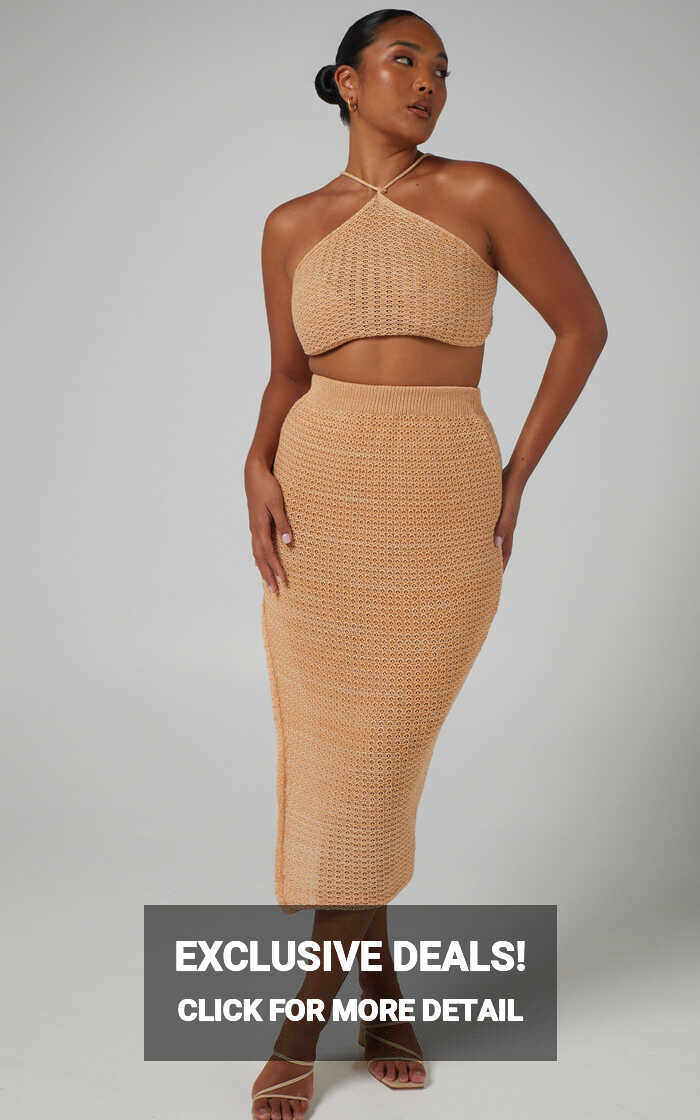 Missy Chevron Crochet Midi Skirt Two Piece Set in Beige | Showpo EU