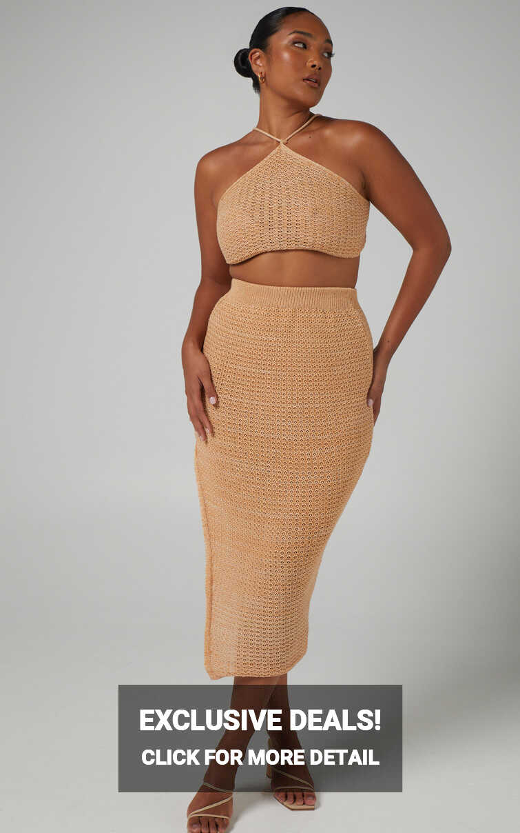 Missy Chevron Crochet Midi Skirt Two Piece Set in Beige | Showpo USA