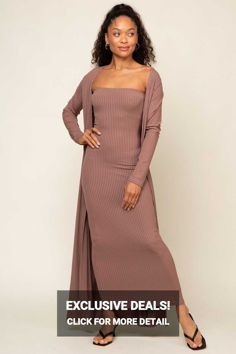 Mocha Ribbed Sleeveless Dress Cardigan Maternity Set – PinkBlush