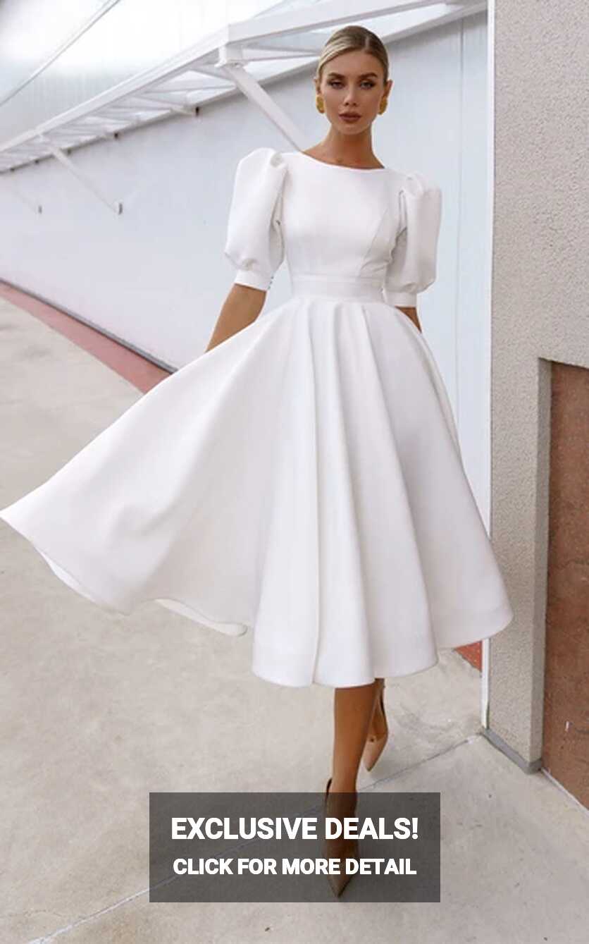 Modern A Line Satin Bateau Knee-length Wedding Dress - UCenter Dress