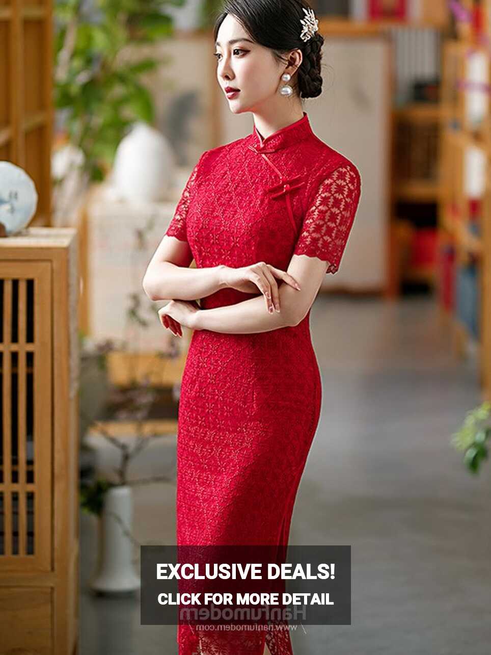 Modern Chinese Wedding Dress Red Lace Engagement Dress - Hanfumodern