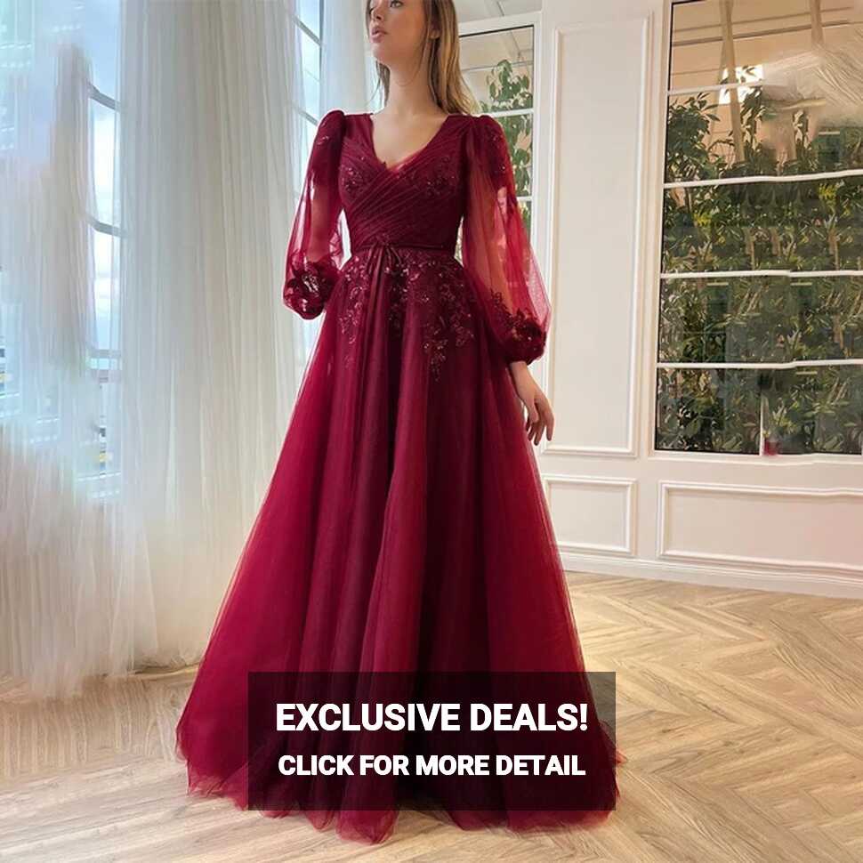 Modern Dark Red Long Puff Sleeves V-neck Tulle A Line Evening ...