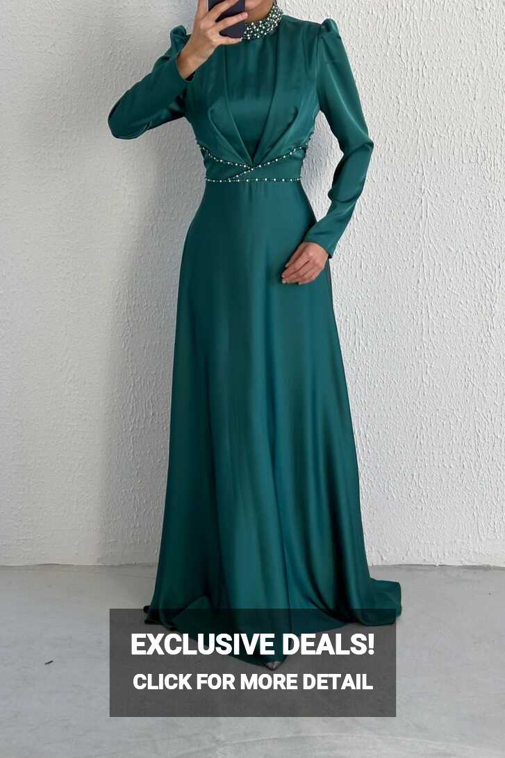 Modern Design Satin Hijab Evening Dress Emerald - Leyuze Boutique