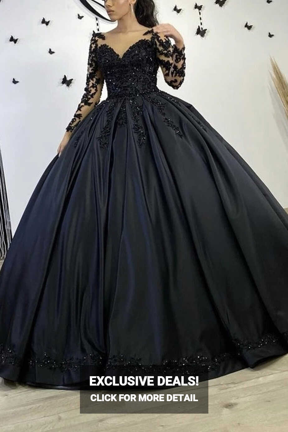 Modest Black Ball Gown Satin Beading Long Sleeves Princess Wedding ...