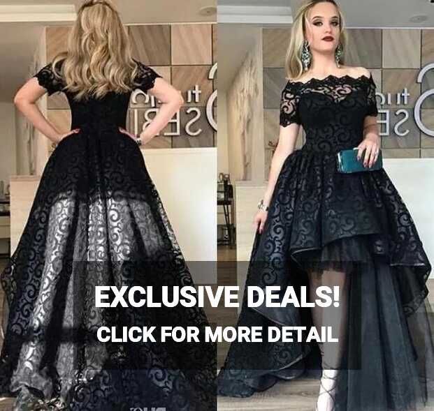 Modest Black High Low Lace Prom Dresses 2019 Bateau Short Sleeve A ...