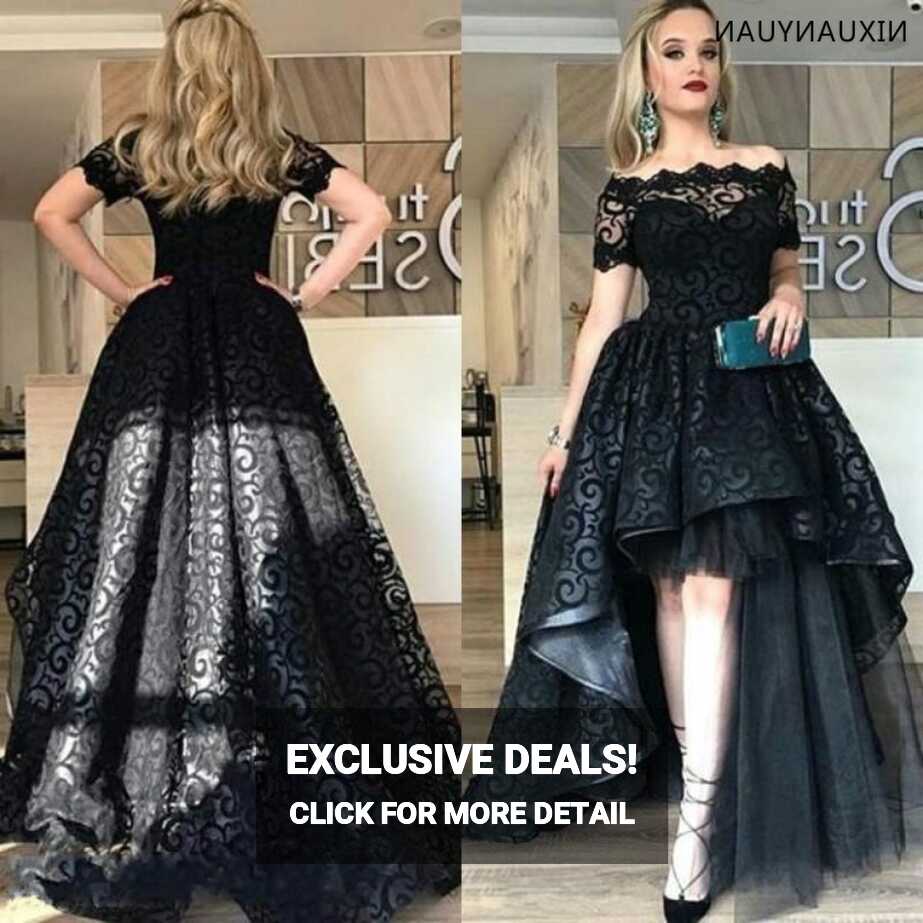 Modest Black Lace Short Front Long Back Prom Dresses Bateau ...