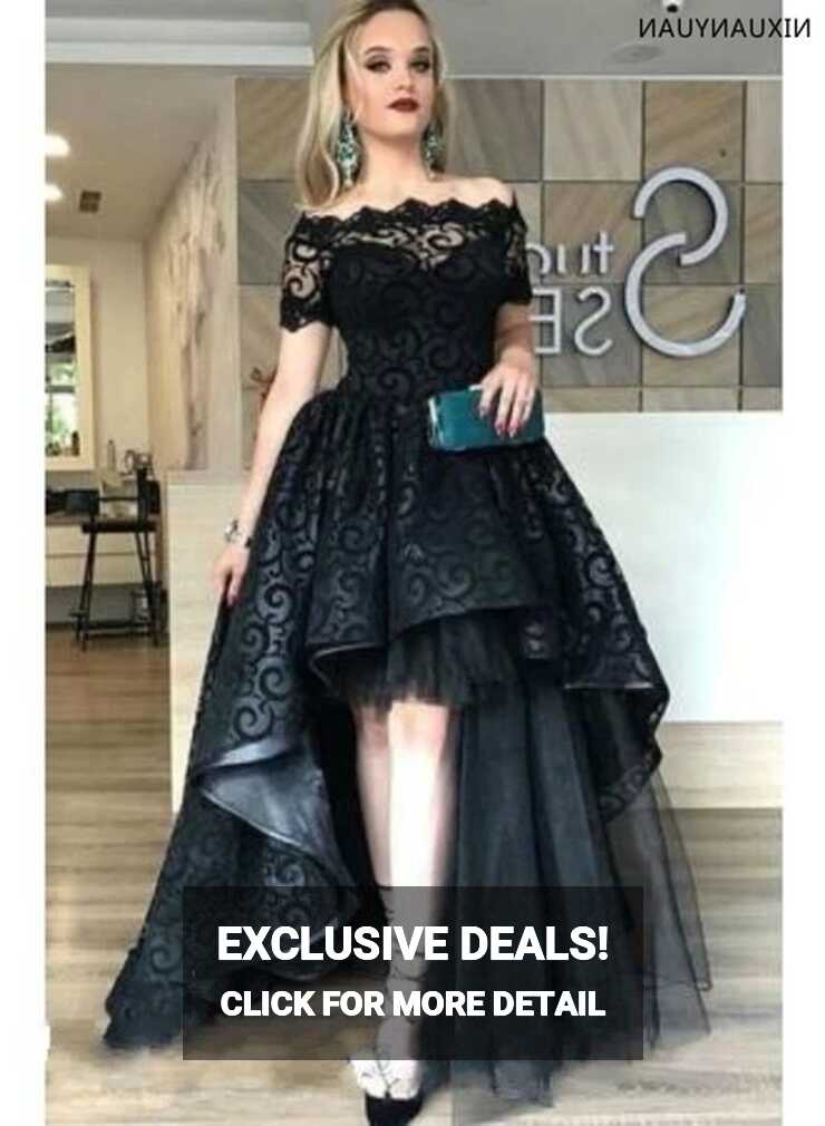 Modest Black Lace Short Front Long Back Prom Dresses Bateau Short ...