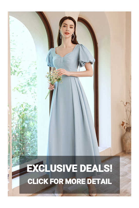 Modest Blue Bubble Sleeves Simple Prom Dress Aline with Beadings ...