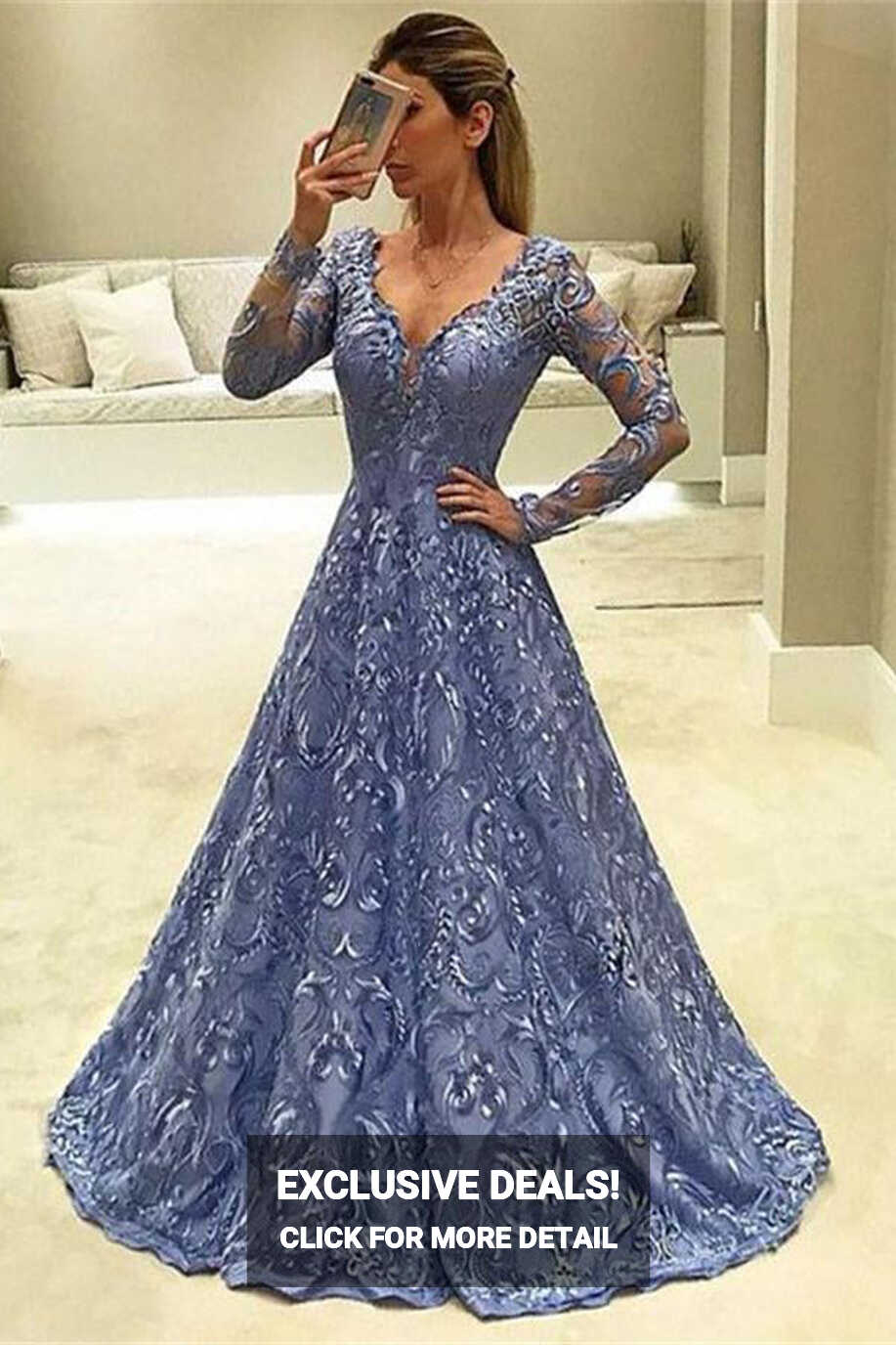 Modest Blue Long Sleeves V-neck Long Lace Evening Prom Dress ...