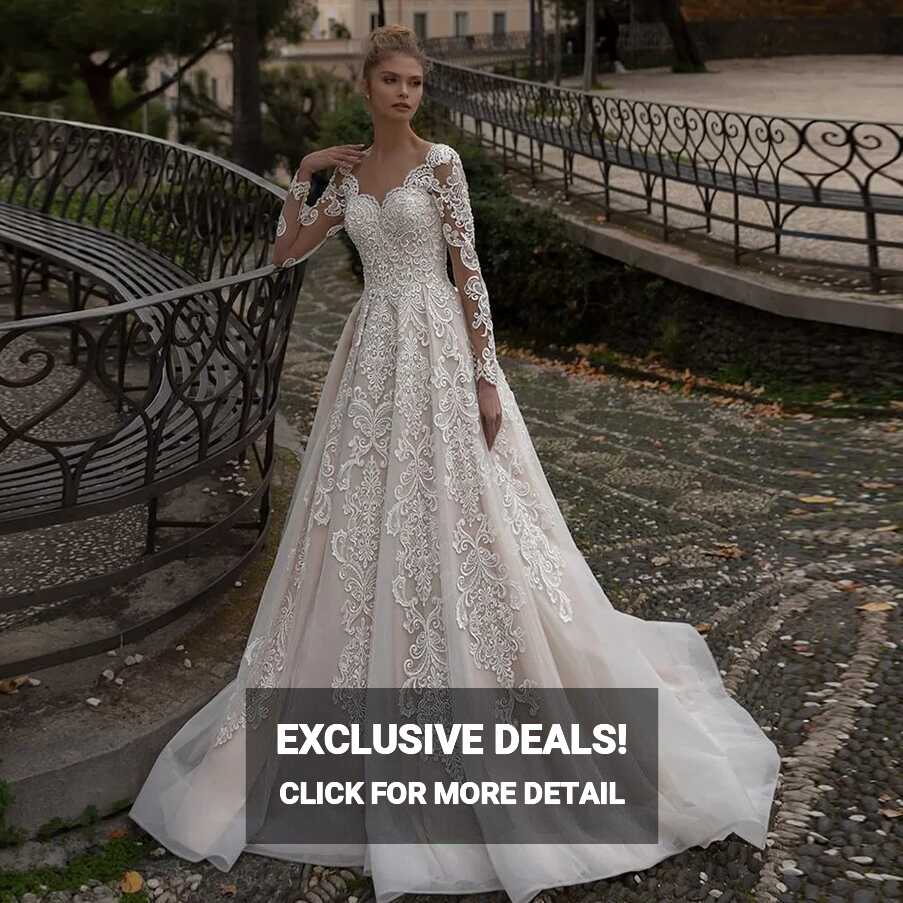 Modest Champagne Wedding Dress Long Sleeves Sweetheart Lace Gowns ...