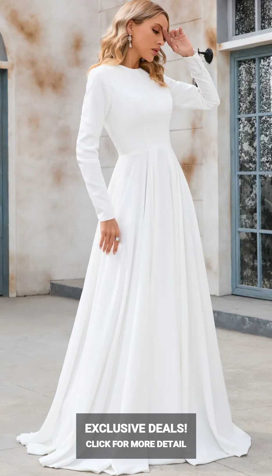 Modest Long Sleeve Bridal Gown Crew Neck A-line Wedding Dress for ...