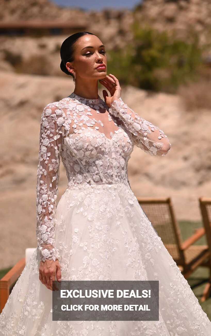 Modest Long Sleeve Lace A-Line Wedding Dress with High Neckline