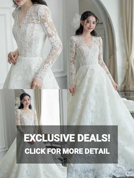 Modest Long Sleeve V-Neck A-line Lace Wedding Dress