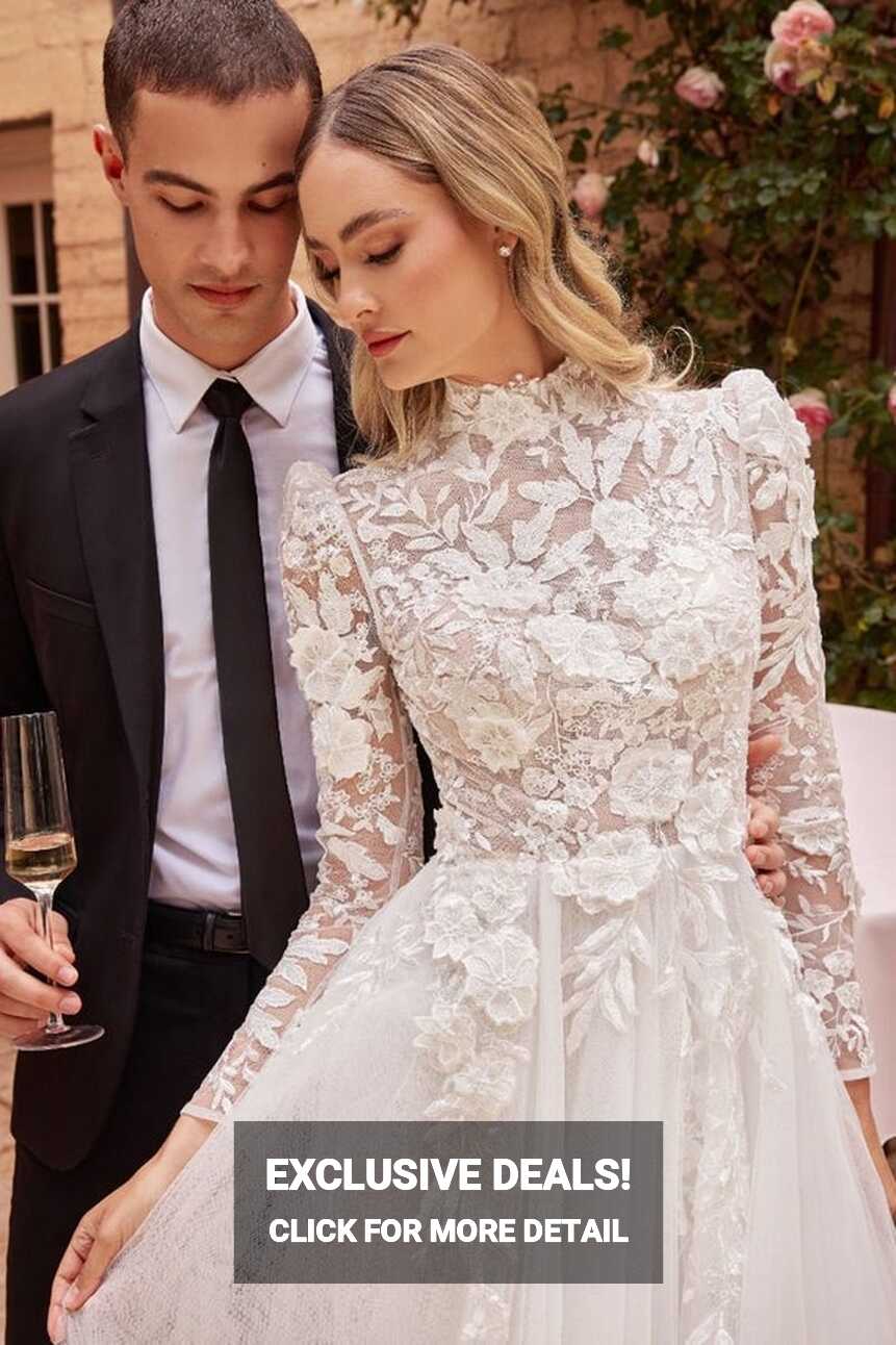 Modest Long Sleeves Wedding Dress, High Neck Wedding Dress, Long ...