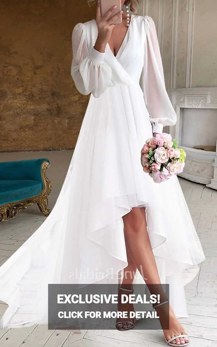 Modest Simple Long Sleeves A-Line V-Neck Wedding Dress Elegant ...