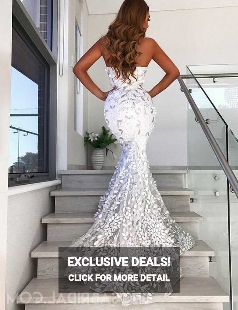 Modest Unique Sweetheart White Prom Dresses,Long Mermaid Evening ...