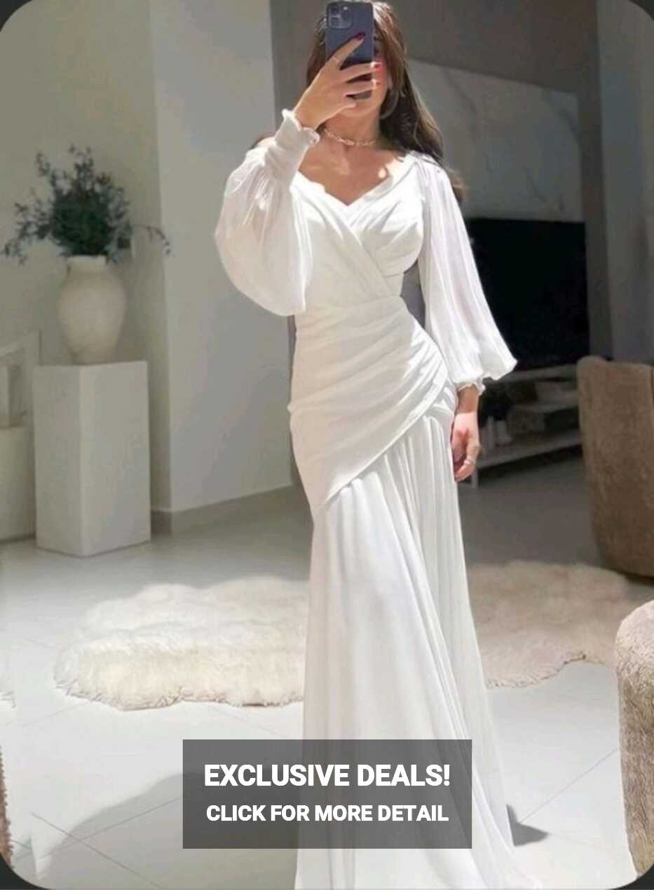 Modest White Mermaid Long Evening Dress with Puff Sleeves Y4074 ...