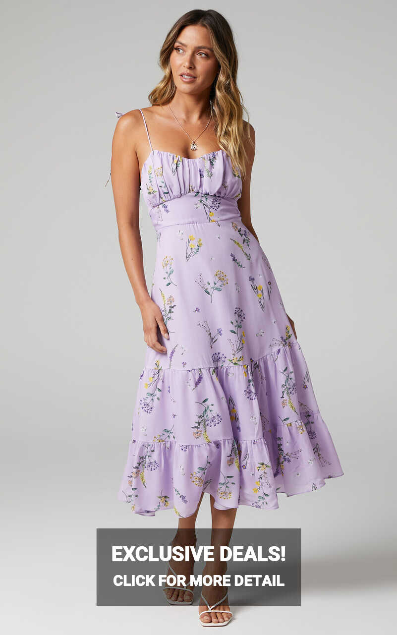 Monaco Midi Dress - Strappy Sweetheart Tiered Dress in Lavender ...