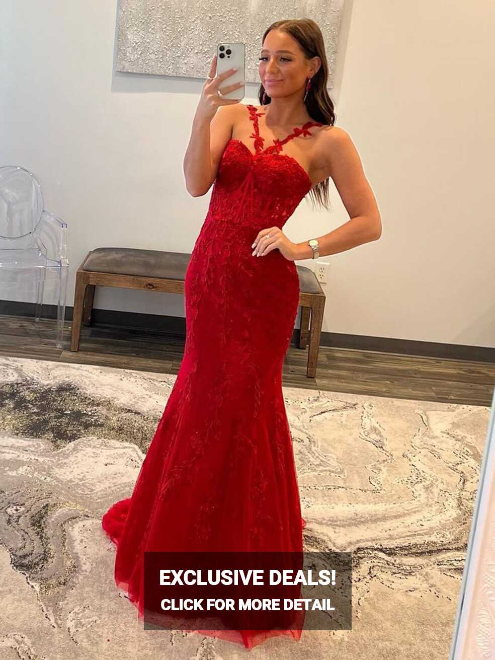 Morgan Red Mermaid Halter Neck Lace Mermaid Long Prom Dress | KissProm