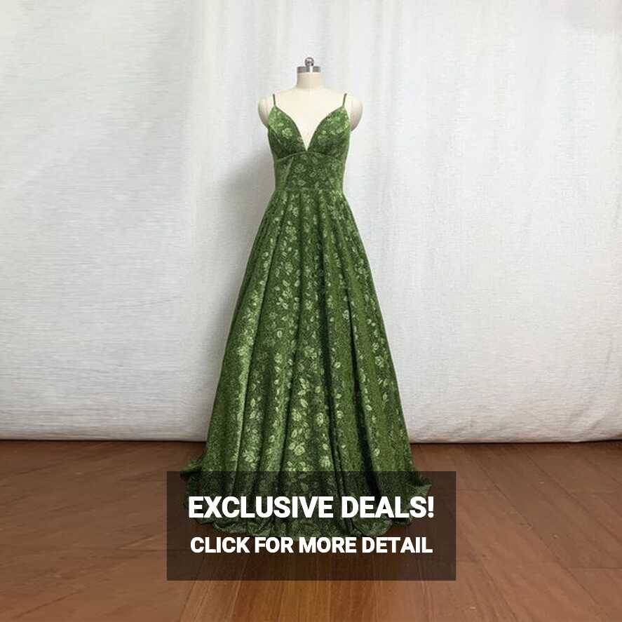 Moss Green Floral Prom Dress 2022 Ball Gown Spaghetti Straps Long ...