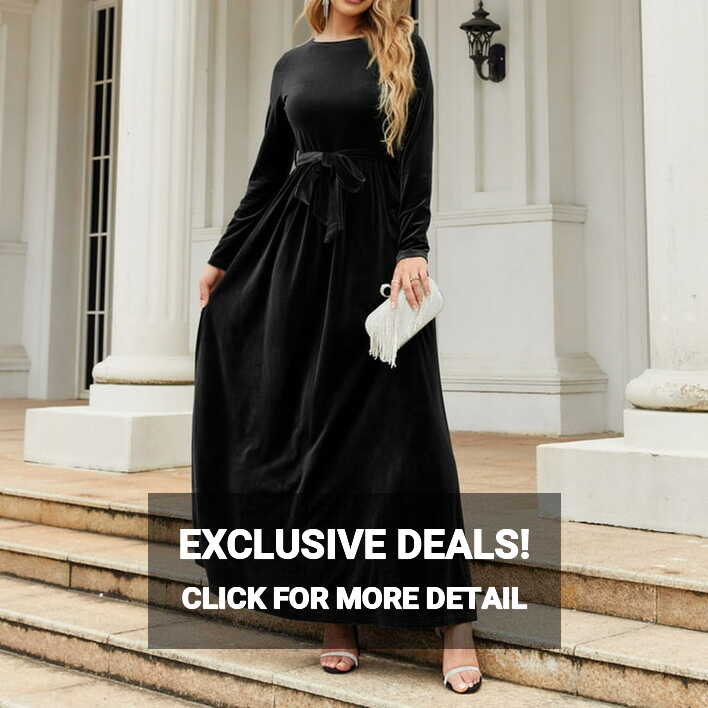 Mrat Women&#39;s Velvet Maxi Dress Long Sleeve Crew Neck Elastic High ...