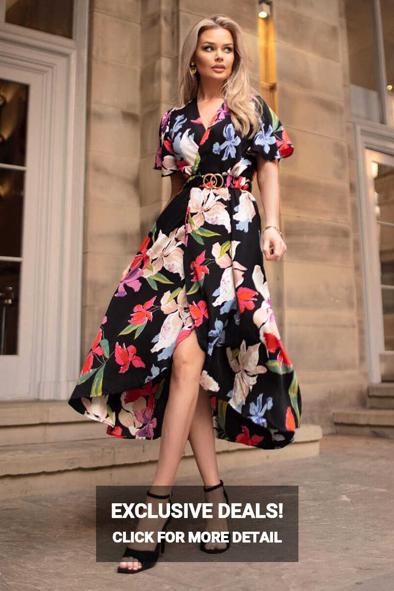 Multi Floral Printed Short Sleeve Belted Wrap Midi Dress – AX Paris