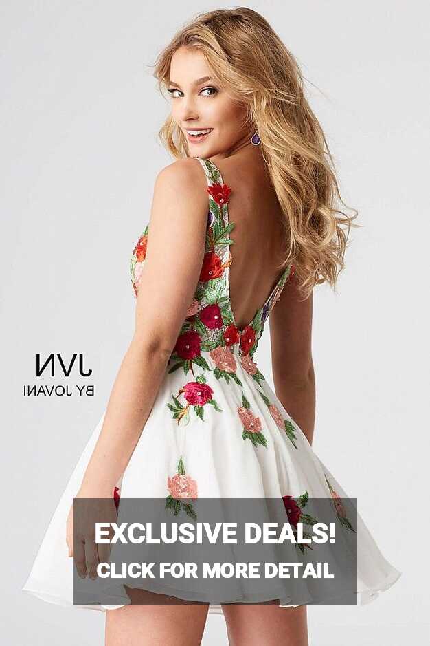 Multi color floral embroidered short chiffon v neck dress.