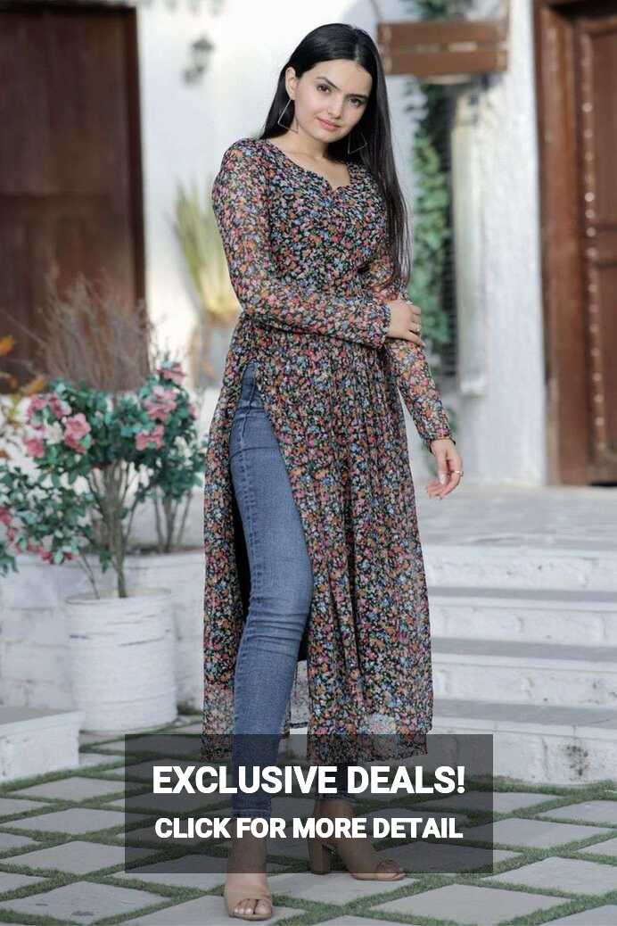 Multicolor Digital print Straight Kurti in Georgette - KTI2038