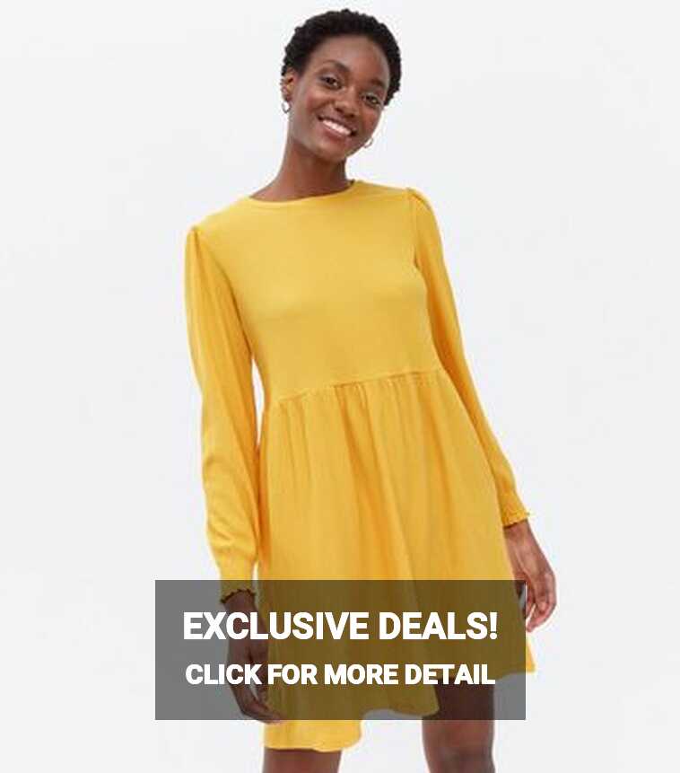 Mustard Crinkle Jersey Long Sleeve Mini Smock Dress | New Look