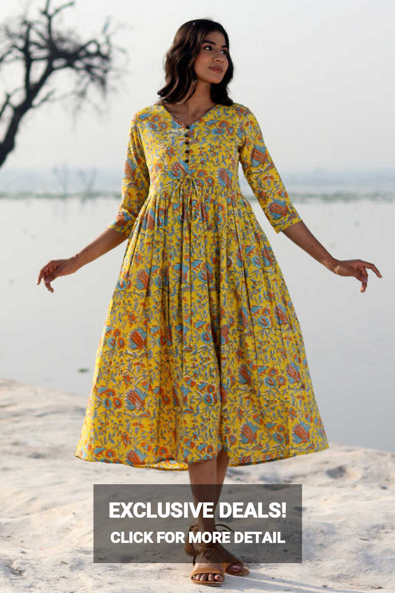 Mustard Garden Pure Cotton Hand Block Printed Dress For Women ...