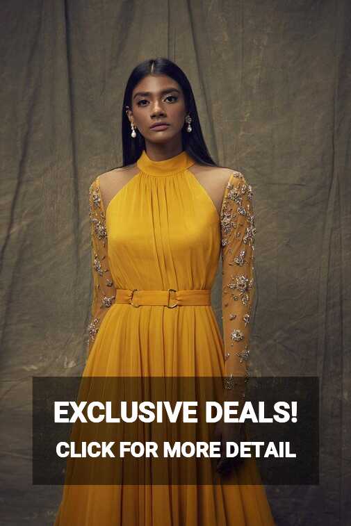 Mustard Gown with Embellished Long Sleeves | Designer party wear ...