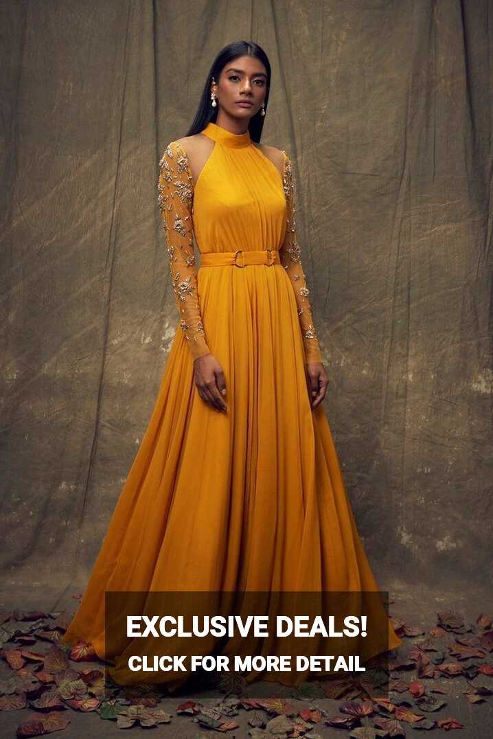 Mustard Gown with Embellished Long Sleeves