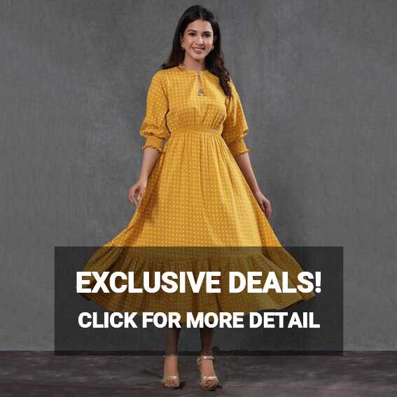 Mustard Yellow Casual Wear Dot Printed Cotton Western Dress