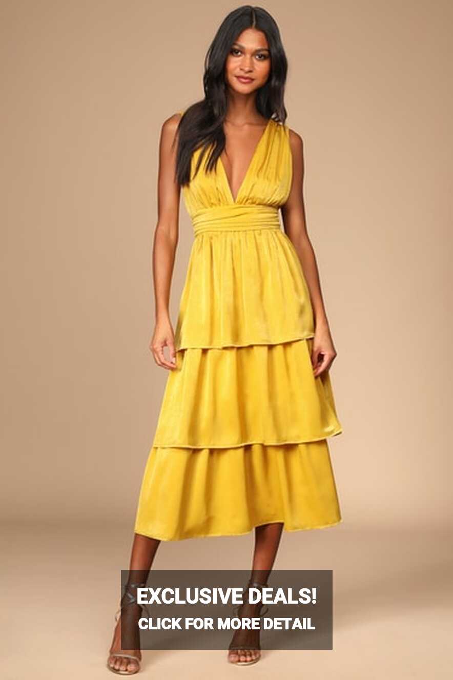 Mustard Yellow Dress - Satin Midi Dress - Tie-Back Tiered Dress ...