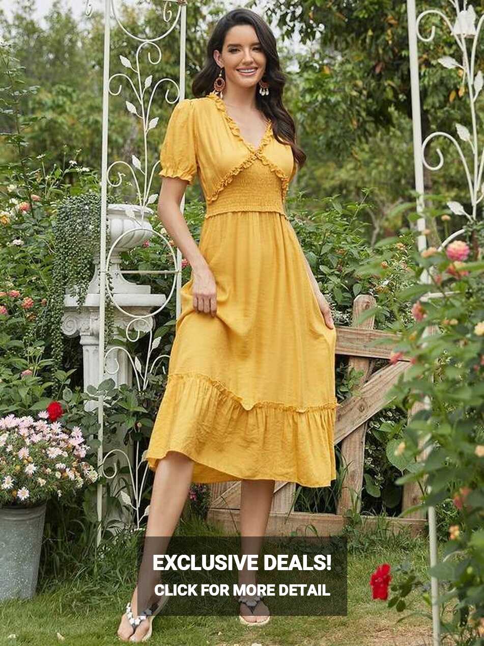 Mustard Yellow Short Sleeve V-Neck Midi Summer Casual Dress – ShObO