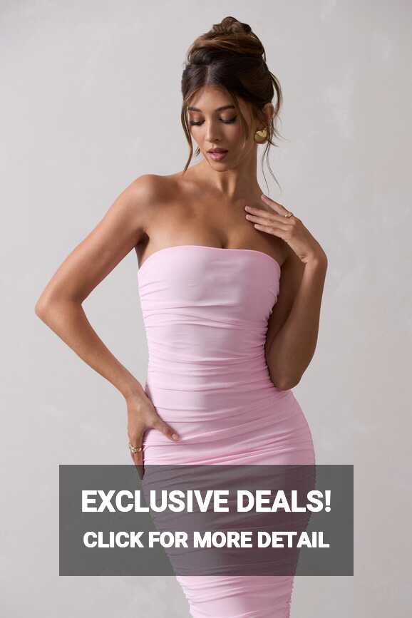 My Girl Pink Strapless Bodycon Ruched Mesh Midi Dress – Club L ...