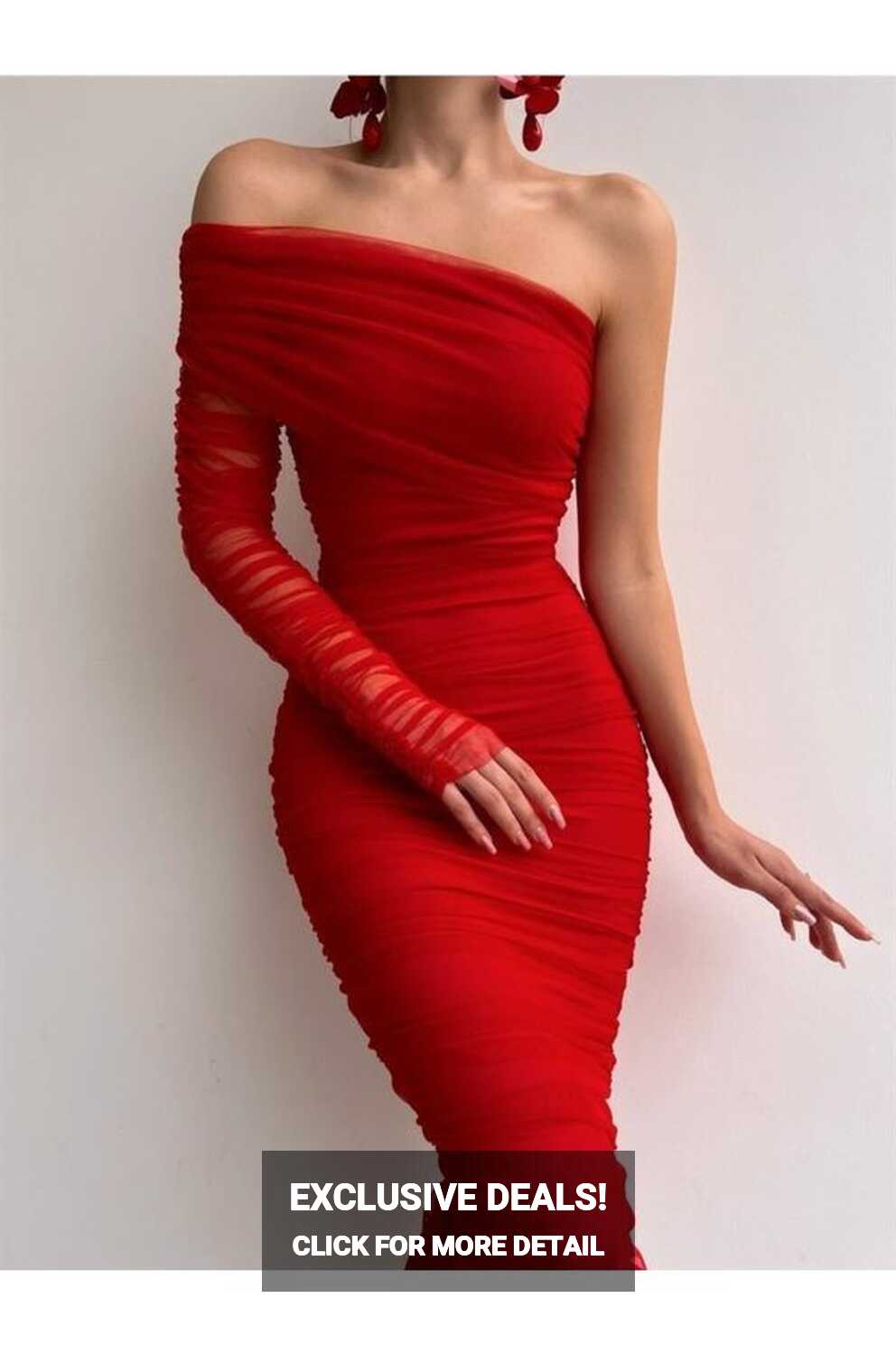 NARKO Laurest Red Single Sleeve Tulle Fabric Lined Elegant Evening ...