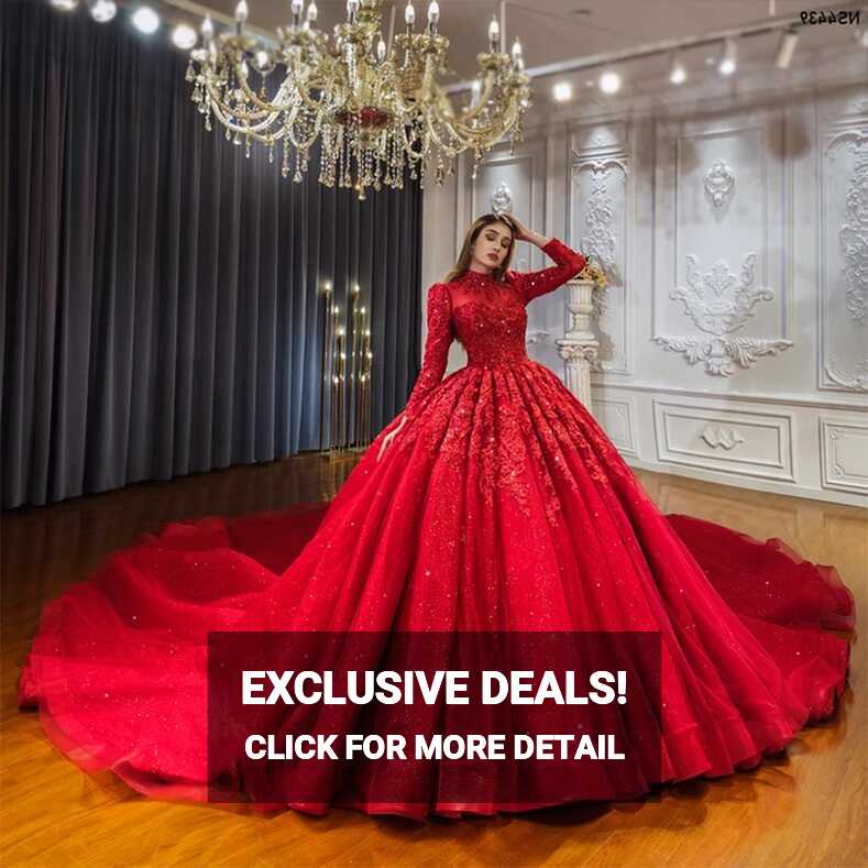 NS4439 Royal Lace Applique Ball Gown Luxury Red Wedding Dress