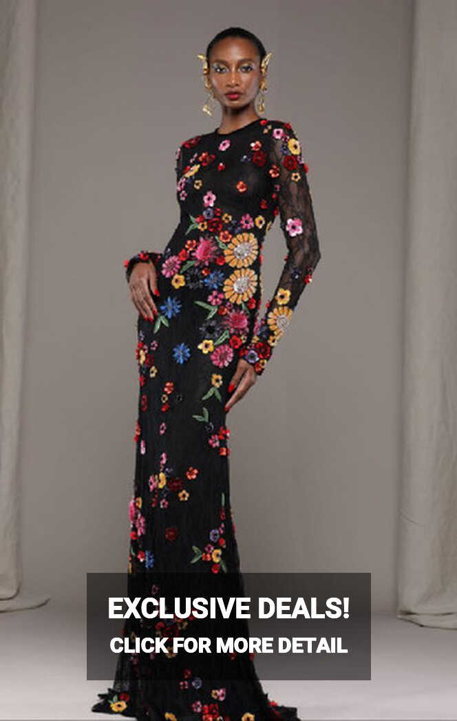 Naeem Khan Black/Multi Floral Embroidered Lace Gown - Vivaldi Boutique