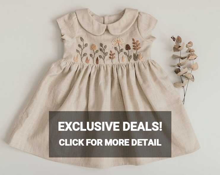 Natural Beige Flutter Sleeves Baby Girl Linen Dress With Handmade ...