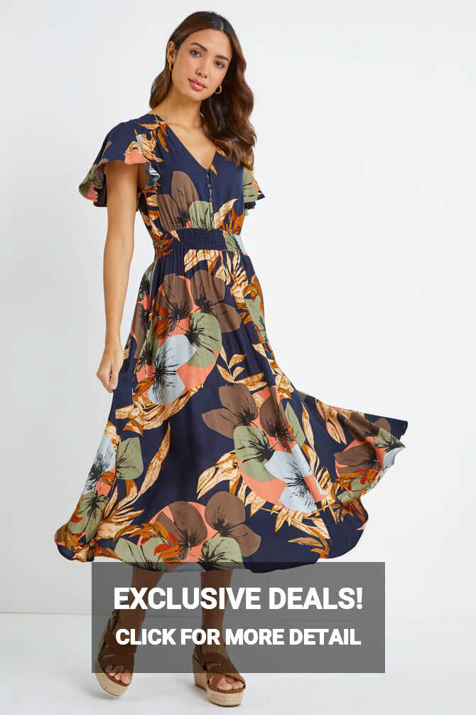 Navy Angel Sleeve Floral Print Midi Dress | Roman UK