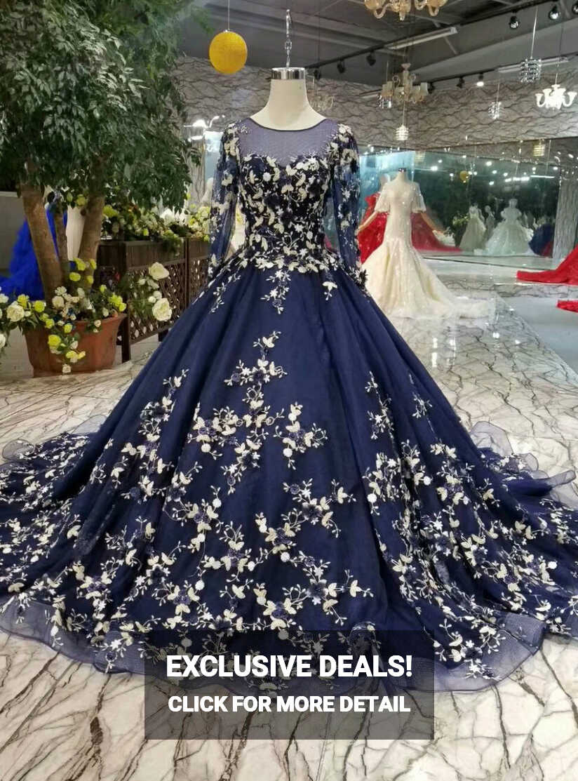 Navy Blue Ball Gown Tulle Long Sleeve Appliques Luxury Wedding Dress